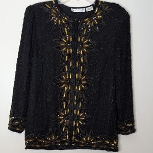 Night Vogue Vintage 80s Silk Black Gold Beaded Sequin Swirly Glam Party Jacket S